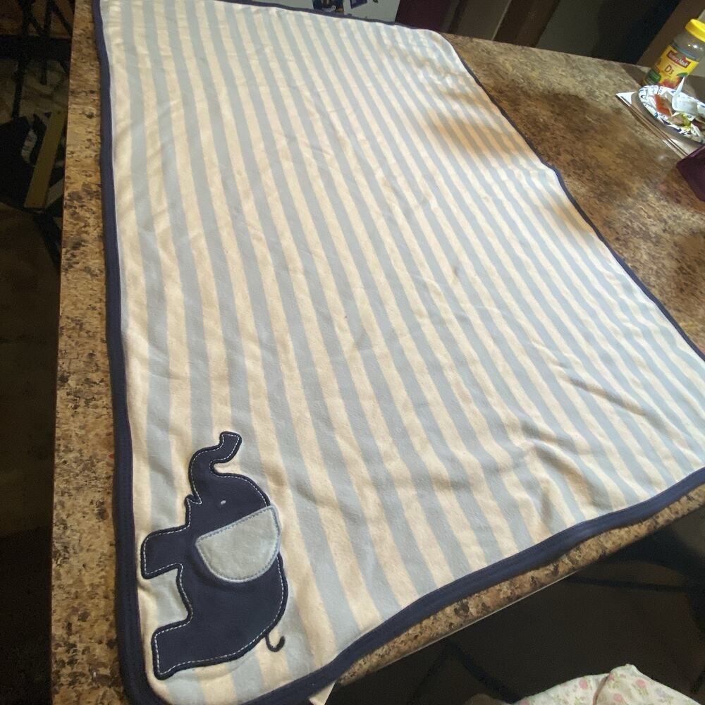 Carter's Elephant Striped Baby Boy Blanket Blue White VTG Cotton Soft Comforter - Picture 4 of 6
